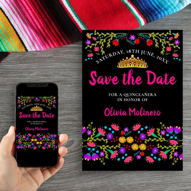 Söt Mexikansk fiesta Blommigt Guld Tiara Black Ros Spara Datumet (Save the Date with gold tiara and mexican fiesta floral design. Order Printed or printable download.)