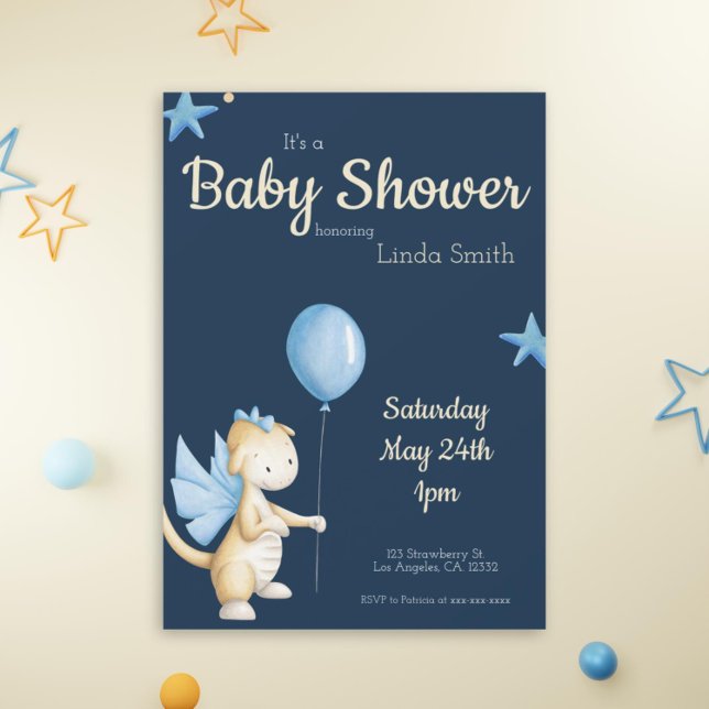 Söt Midnattsblå Drak Babyshower Inbjudningar (Cute navy blue dragon baby shower invitation exclusive by Kinda Cute by Patricia Alvarez)