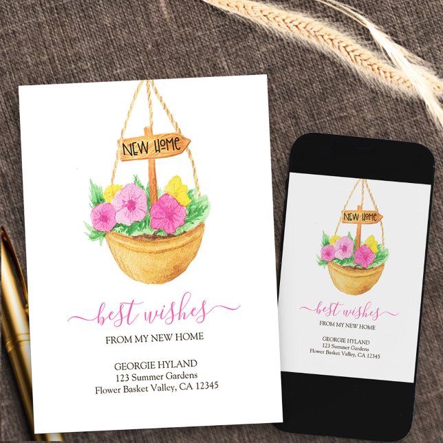 Söt Min nya hemmet Hanging Basket Flytta Meddelande (hanging basket new address card available printed or as printable digital download)