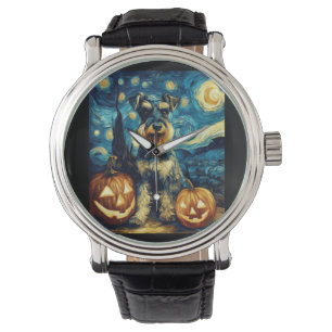 Söt miniatyr schnauzer hund Halloween Jack O Lant Armbandsur