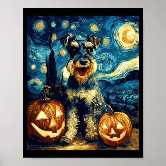 Söt miniatyr schnauzer hund Halloween Jack O Lant Poster (Framsidan)