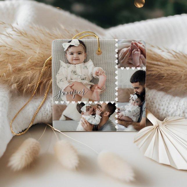 Söt Minimal Hjärt Baby Fotosammanställning Skriptn Julgransprydnad Keramik (Cute Minimal Heart Baby Photo Collage Script Name Ceramic Ornament)