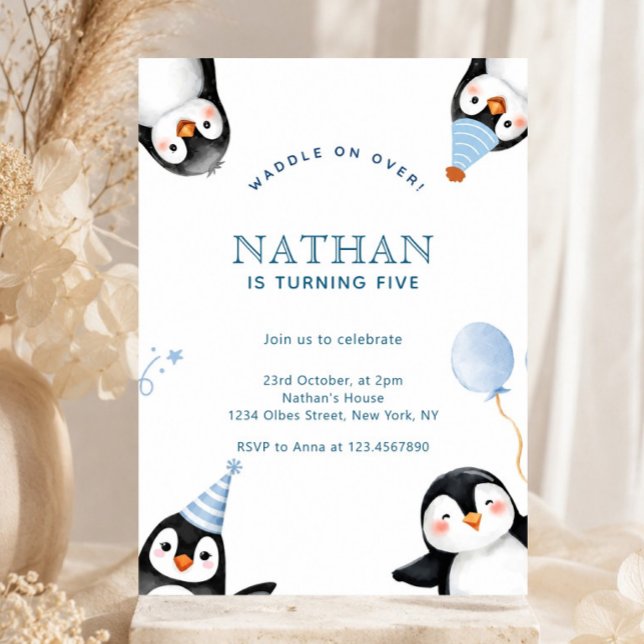 Söt minimalistisk akvarell pingvin vinterfödelseda inbjudningar (penguin birthday invitation, penguin party invite, winter birthday invitation, minimalist birthday i)