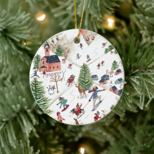 Söt minimalistisk nordisk vinterby jul julgransprydnad keramik