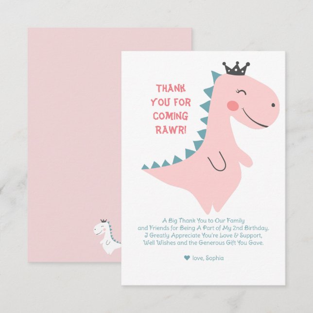 Söt minimalistisk rosa tjej dinosaurie födelsedag tack kort (Fram/baksida)