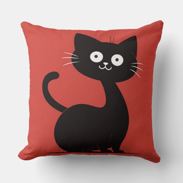 Söt minimalistisk svart katt seriefigur rolig katt kudde (Framsida)