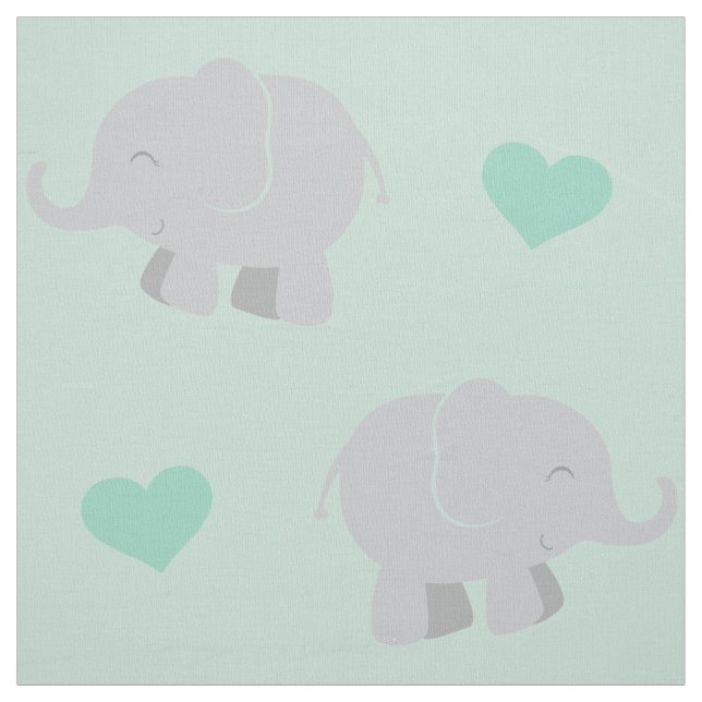 Söt mint- och grå elefant- och hjärtmönster tyg (Provkarta)