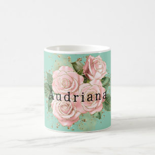 Söt Mint Rosa ros Blommigt Guld Glitter Kaffemugg