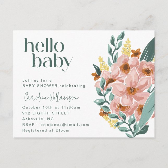Söt Mint Sage Rosa Blommigt Hej Baby Shower Vykort (Framsida)