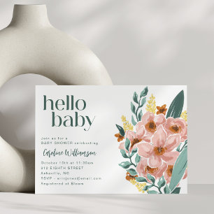 Söt mintgrön salvia rosa blommig Hej Bebis Baby Sh Inbjudningar