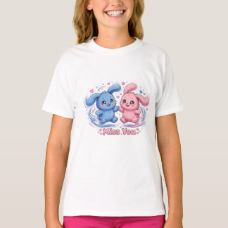 Söt 'Miss You' T-shirt för par, Blå Rosa Kaninmons