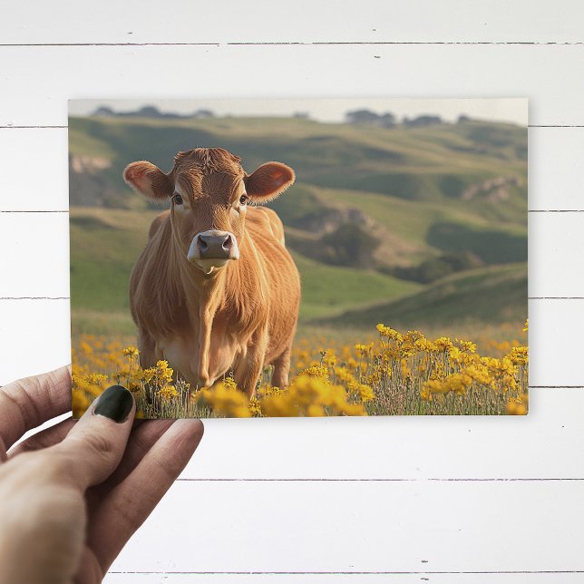 Söt mjölkko och gula vildblommor vykort (Postcard of a brown cow in a yellow wildflower field, being held by a hand over a white wood surface)