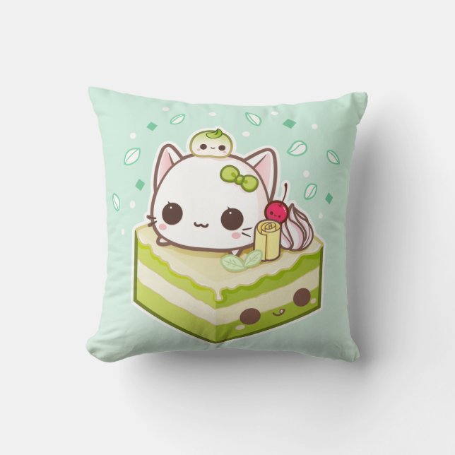 Söt mochi-katt med kawaii grönt te-kaka kudde (Framsida)