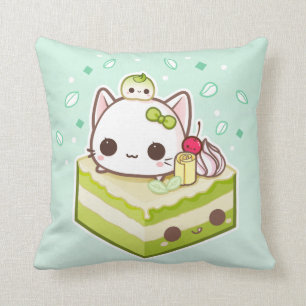 Söt mochi-katt med kawaii grönt te-kaka kudde