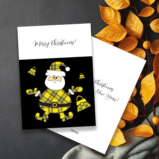 Söt mode gul tartan tomte med handväska julkort (Skapare uppladdad)