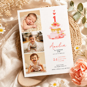 Söt Modern 1-års Födelsedagsinbjudan Fotokollage Inbjudningar