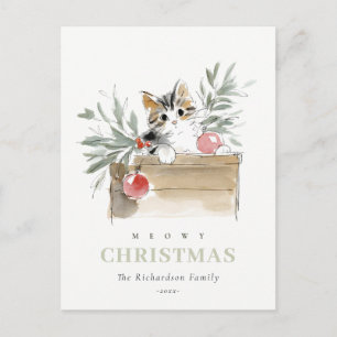 Söt Modern Akvarell Meowy Jul Box Katt Helg Vykort