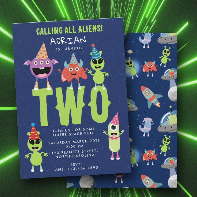 Söt Modern Alien Monster Rymden Barn Födelsedag Inbjudningar (Cute Modern Alien Monster Space Kids Birthday Invitation)