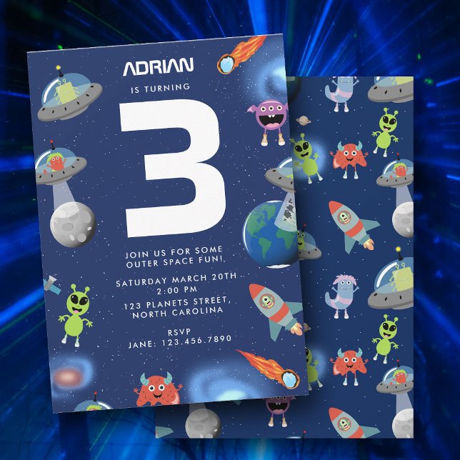 Söt Modern Alien Monster Rymden Barn Födelsedag Inbjudningar (Cute Modern Alien Monster Space Kids Birthday Invitation)