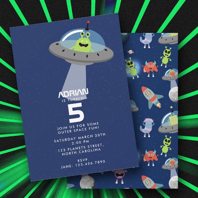 Söt Modern Alien Monster Rymden Barn Födelsedag Inbjudningar (Cute Modern Alien Monster Space Kids Birthday Invitation)