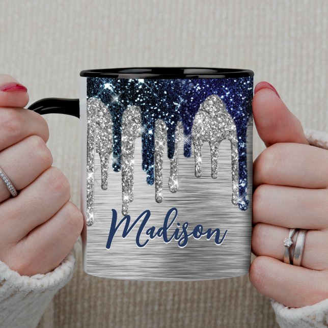 Söt modern blå glitterdropp-monogram mugg (Skapare uppladdad)