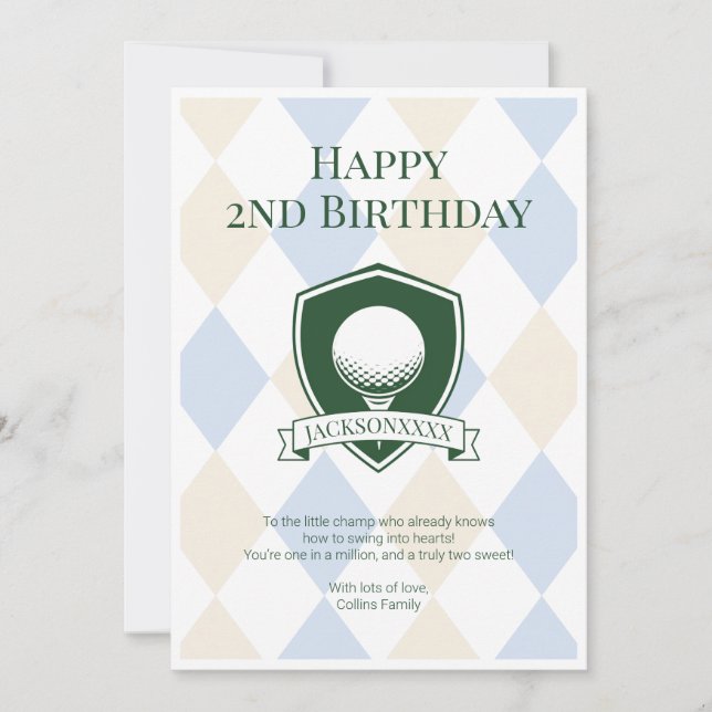 Söt modern blå golf för pojkar glad 2-årsdag kort (Framsida)