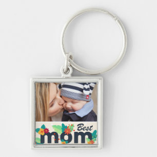 Söt Modern Blommigt Mamma Photo Fyrkantig Silverfärgad Nyckelring