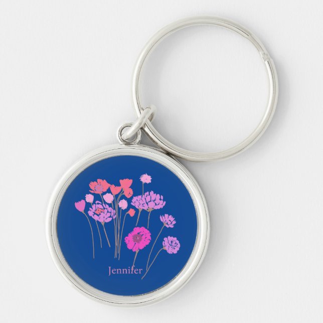 Söt Modern Blommigt Mörk blått Rund Silverfärgad Nyckelring (Framsidan)