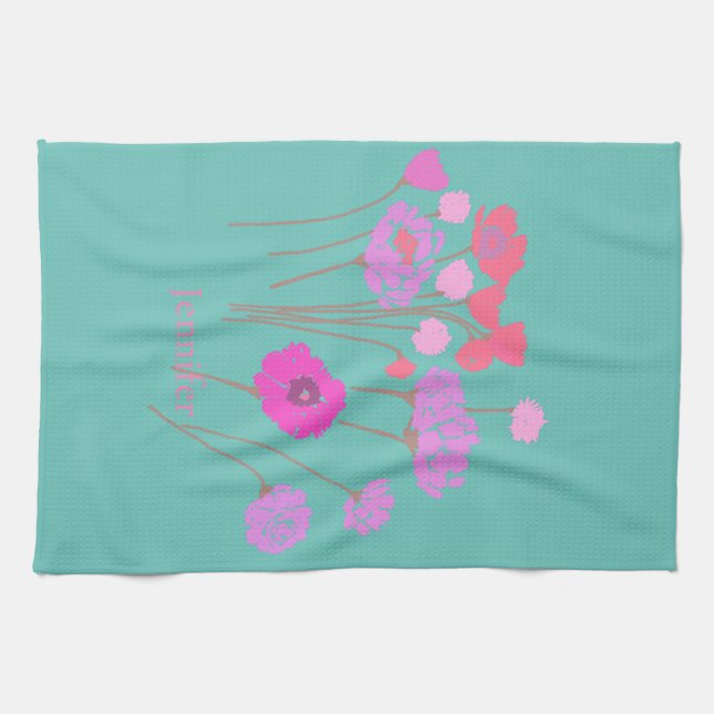 Söt Modern Blommigt Teal Kökshandduk (Horisontell)