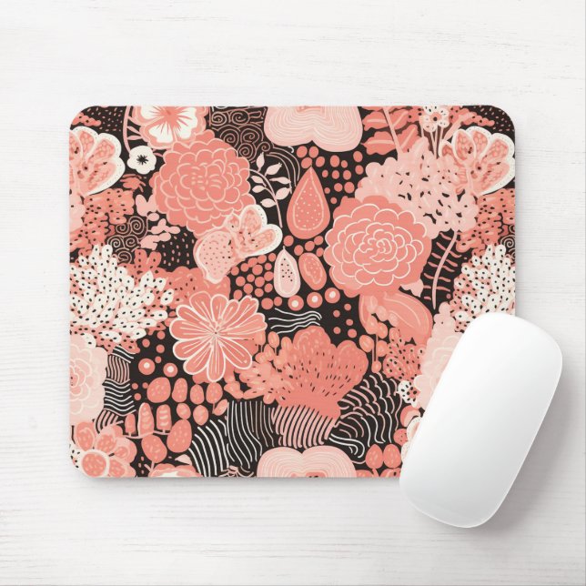 Söt Modern Coral and Rosa Blommigt Patterned Musmatta (Med mus)