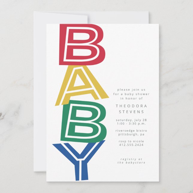 Söt modern djärv primärfärger baby shower inbjudningar (Framsida)