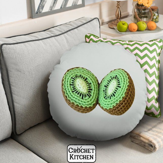 Söt modern minimal Grönt Crochet Kiwi Fruit Rund Kudde (Skapare uppladdad)