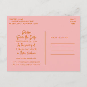 Söt modern minimalistisk orange rosa Spara datum Vykort
