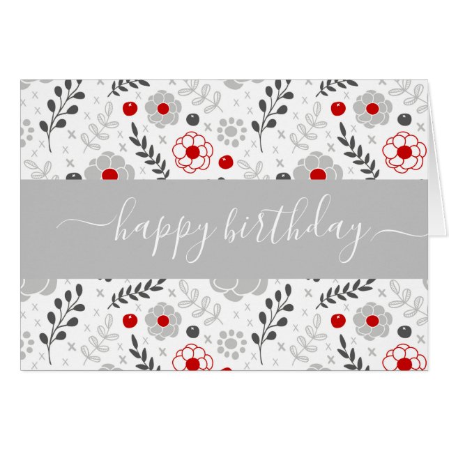 Söt Modern Red and Grått Flowers Birthday Card Hälsningskort (Framsidan Horizontal)