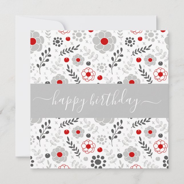 Söt Modern Red and Grått Flowers Birthday Flat Kort (Framsida)
