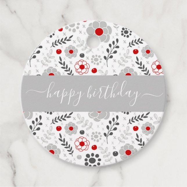 Söt Modern Red och Grått Flowers Birthday Gåvor Etiketter (Framsida)