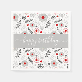 Söt Modern Red och Grått Flowers Birthday Pappersservett