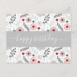 Söt Modern Red och Grått Flowers Birthday Vykort