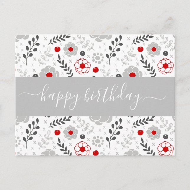 Söt Modern Red och Grått Flowers Birthday Vykort (Framsida)
