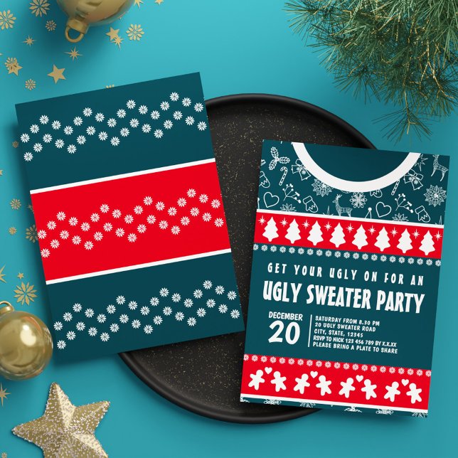 Söt modern röd och blå ful jultröja julfest inbjudningar (Cute Modern Red and Blue Ugly Sweater Xmas Party Invitation)