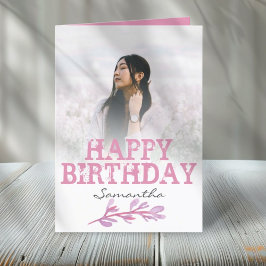 Söt Modern Rosa Photo Watercolor Birthday Kort