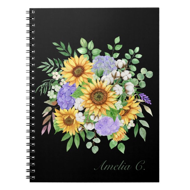 Söt Modern Solros Bouquet Black Notebook Anteckningsbok (Framsidan)