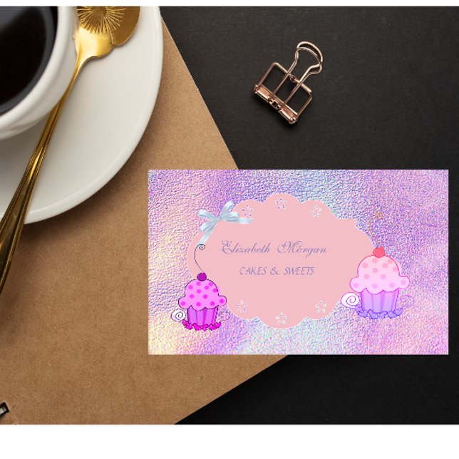 Söt modern tjej, holografisk cupcake-bageri visitkort (Skapare uppladdad)