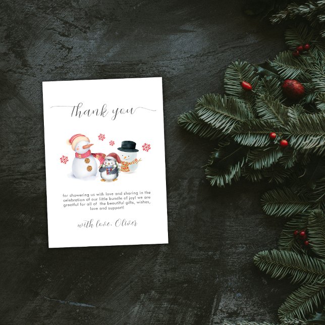 Söt Modern Vinter Pingvin Snömannen Baby Shower Tack Kort (Cute Modern Winter Penguin Snowman Baby Shower Thank You Card)
