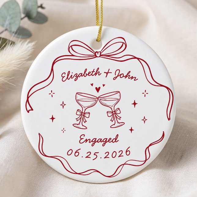 Söt Modern Whimsisk Handritad Förlovning Julgransprydnad Keramik (Skapare uppladdad)