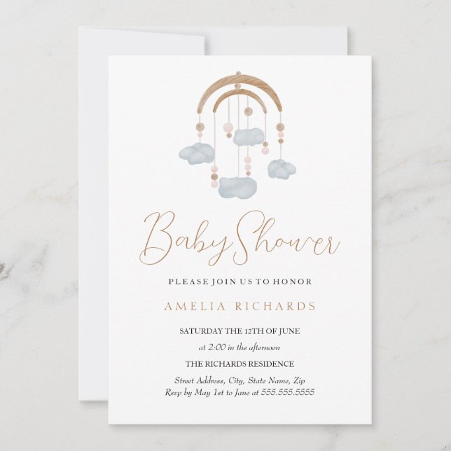 Söt moln dammig blå mobil baby shower inbjudningar (Framsida)