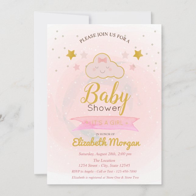Söt Moln,Stjärnor Det är en Tjej Bebis-babyshower Inbjudningar (Framsida)