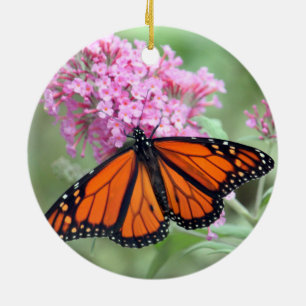Söt Monarch Butterfly Rosa Blommigt Photo Julgransprydnad Keramik