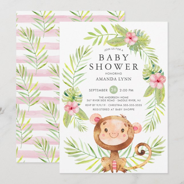 Söt Monkey Girl Baby Shower-inbjudan Inbjudningar (Fram/baksida)