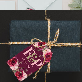 Söt Monogram Burgundy Rosa Blommigt Bröllop Presentetikett